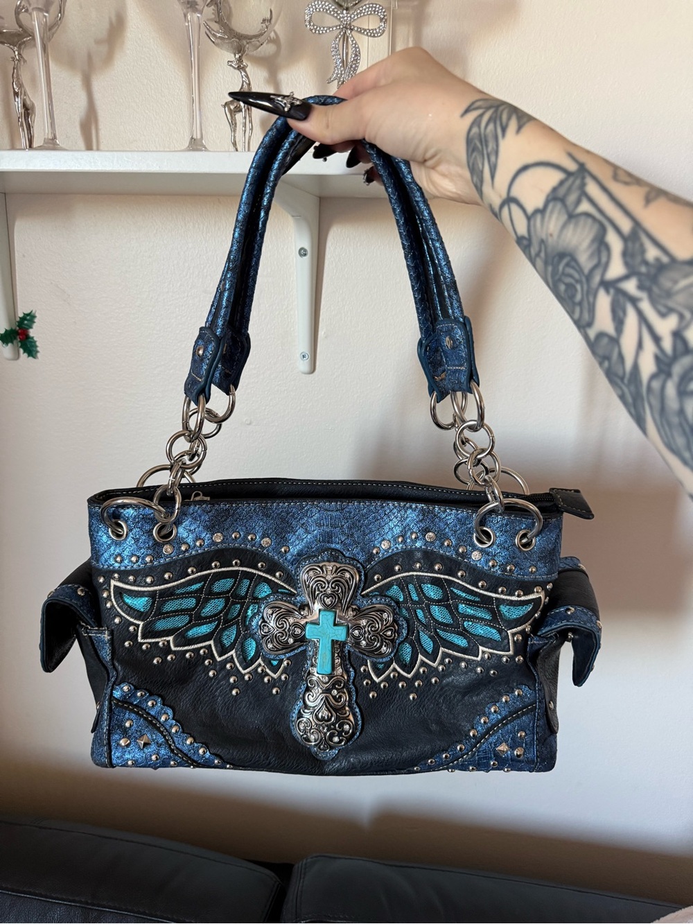 Blue and Black Winged Cross Shoulder Bag